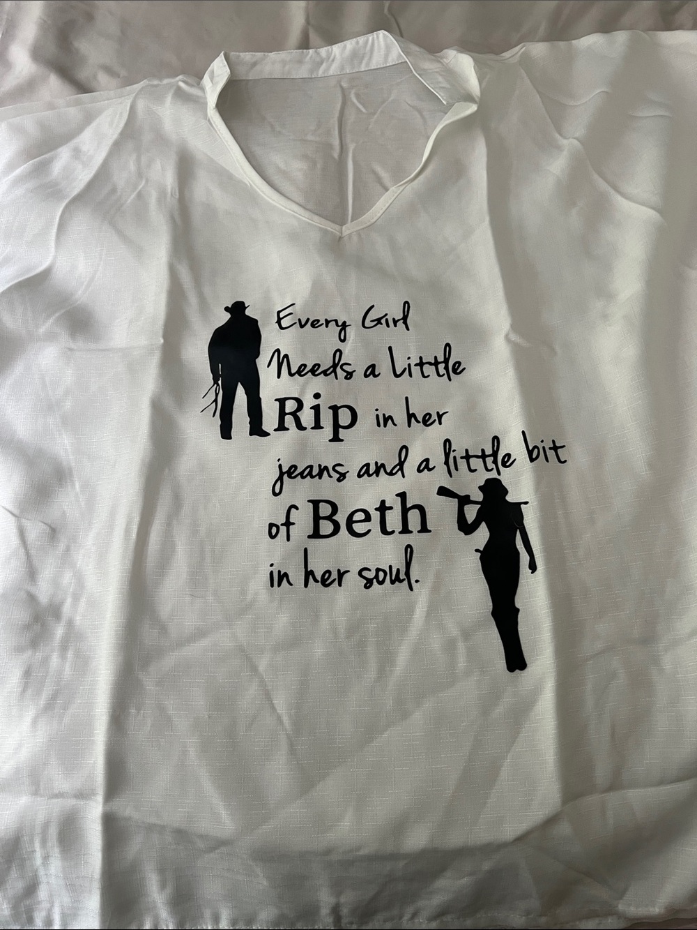 White Graphic V-Neck Top with Black Western Print